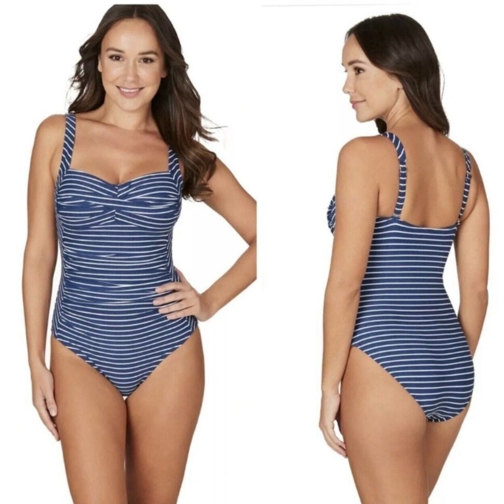 Nip Tuck one piece swimsuit in a denim blue with white striping multi fit cup. 4